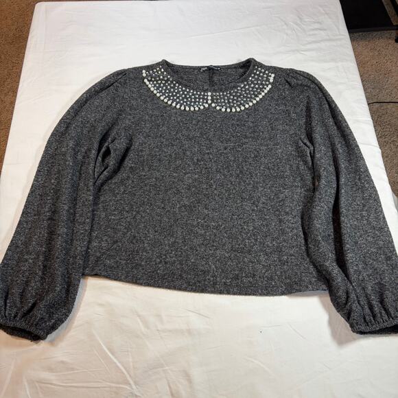 Zara womens gray sweater bejeweled collar detail.  Size L. - Picture 3 of 6